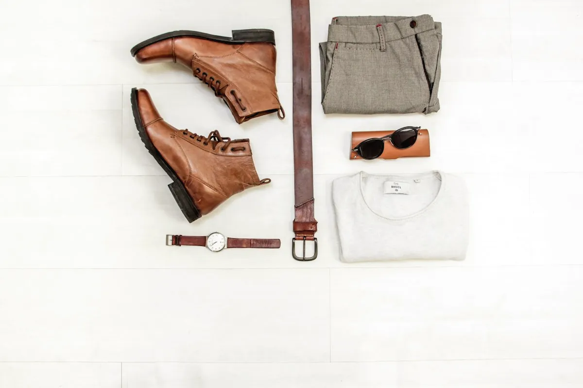 Bottes en cuir marron, t-shirt blanc, ceinture, montre et lunettes de soleil disposés à plat
